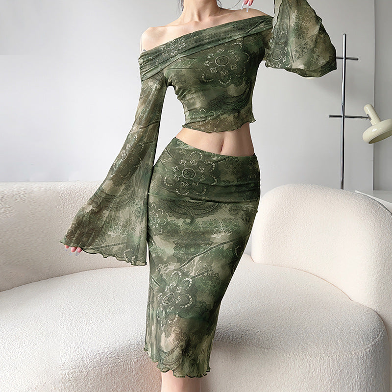 Aiertu concert outfit Mori Vintage Printed Mesh Suit Sexy off-Shoulder Bell Sleeve Top Slim Low Waist Skirt Two-Piece Set aiertu