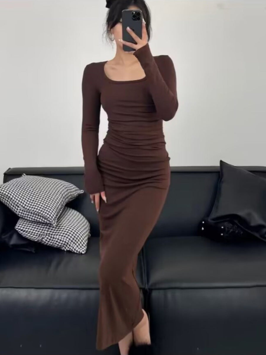 Aiertu fashion outfits Autumn and Winter Korean Style Square Collar Long Sleeve Solid Color Mid-Length Dress High Waist Slimming Hip Skirt aiertu