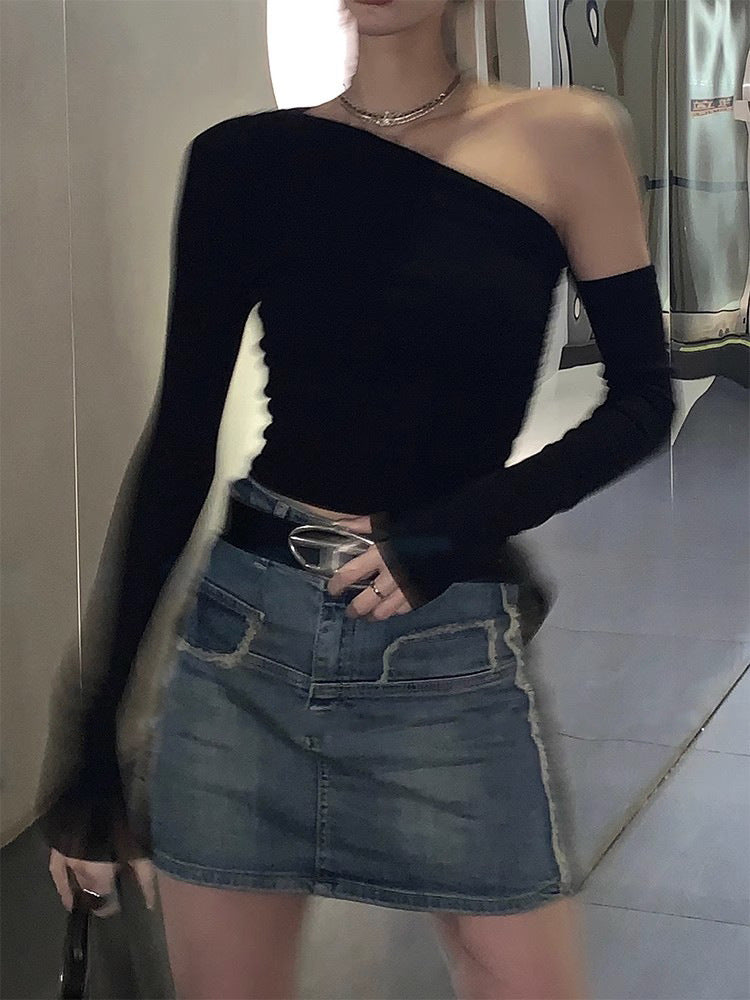 Aiertu trashy outfits Black off-the-Shoulder Long Sleeve T-shirt Women's Autumn Niche Tight Short Bottoming aiertu