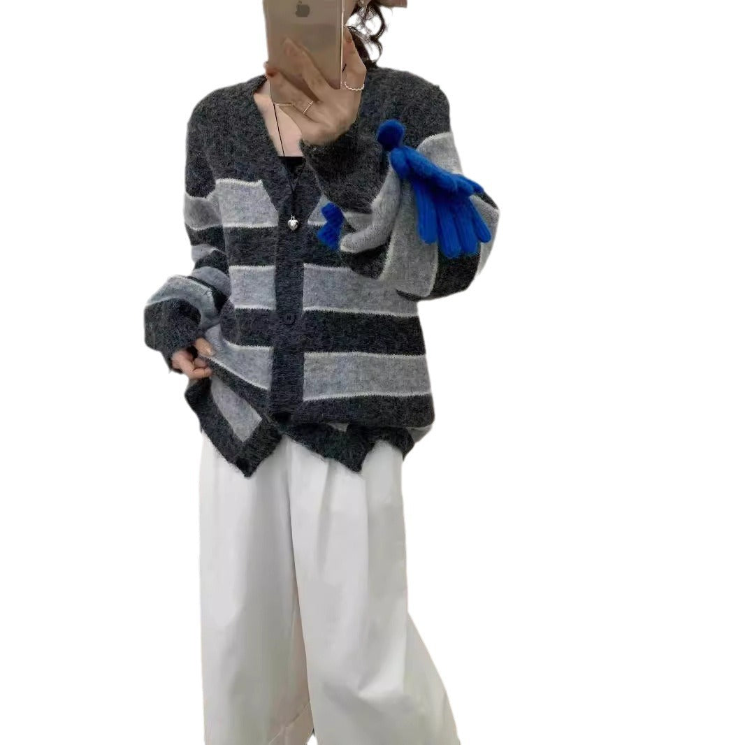 Aiertu cold weather outfits Retro Contrast Color Wide Striped V-neck Knitted Cardigan Women's Autumn and Winter Lazy Loose Soft Glutinous Sweater Coat Top aiertu