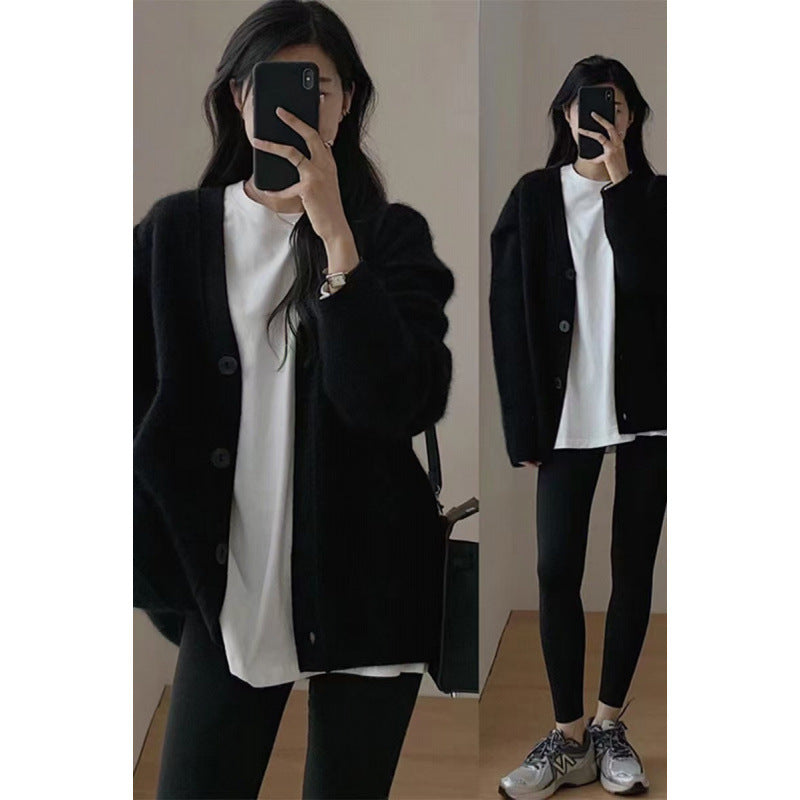 Aiertu datenight fall outfits Korean Style Black Knitted Sweater Cardigan Coat Women's Gentle Lazy Style Autumn and Winter Soft Glutinous V-neck Top aiertu