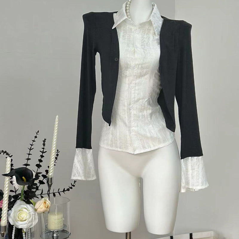 Aiertu y2k outfits Fake Two-Piece Top Dark Gray Knitwear Stitching Elegant Slim Flared Sleeve Shirt aiertu