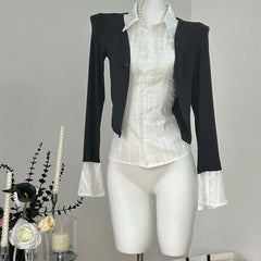 Aiertu y2k outfits Fake Two-Piece Top Dark Gray Knitwear Stitching Elegant Slim Flared Sleeve Shirt aiertu
