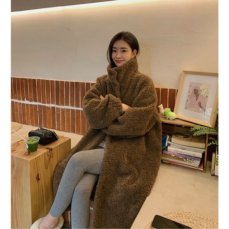 Aiertu simple winter outfits Maillard Small Teddy Wool Stand Collar Coat Long Cashmere Lamb Fur Coat Thickened Loose aiertu