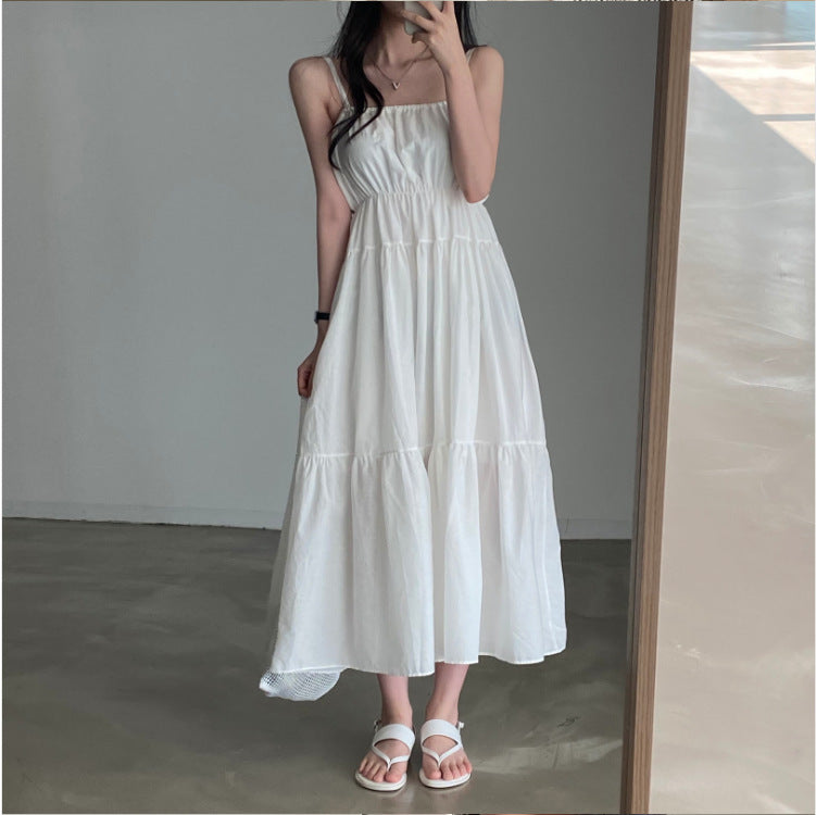 Aiertu church outfit Chic Summer Holiday Style Suspender Skirt Simple Design Pleated Stitching Elastic Waist Solid Color Large Swing Dress aiertu