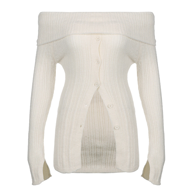Aiertu simple winter outfits Millennium Hot Girl White Moonlight Split Breasted Flip off-Shoulder Long Sleeve Top Lazy Style Slimming Sweater aiertu