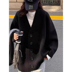 Aiertu datenight fall outfits Black V-neck Knitted Cardigan for Women Autumn and Winter Outer Wear Fashionable Western Style Top Loose Lazy Style Mid-Length Women aiertu