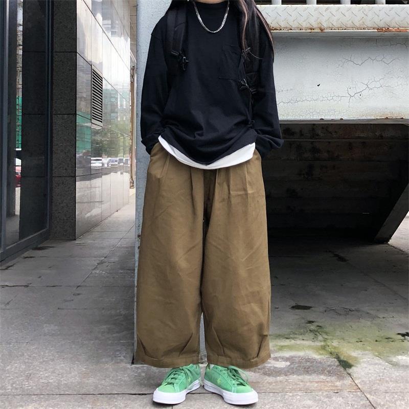 Aiertu trashy outfits INS Super Popular Japanese Retro Street Lazy Dark Wide-Leg Pants Loose Straight Solid Color Trousers for Men and Women aiertu