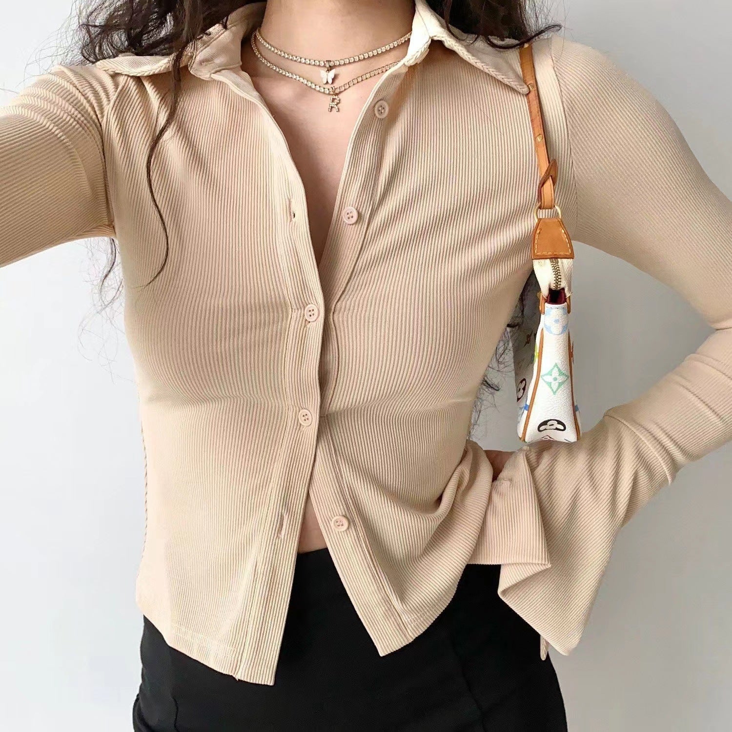 Aiertu 2000s fashion Five-Color All-Match Polo Lapel Bell Sleeve Shirt Women's American-Style Slim-Fit Stretch Long-Sleeved Shirt aiertu
