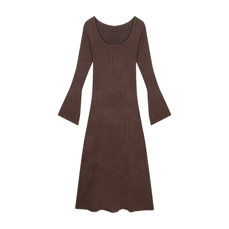 Aiertu fashion outfits Early Autumn Brown Long-Sleeved Knitted Dress Women's Slim-Fit Draping Tight Waist A- line Midi Dress Retro Elegant Skirt aiertu