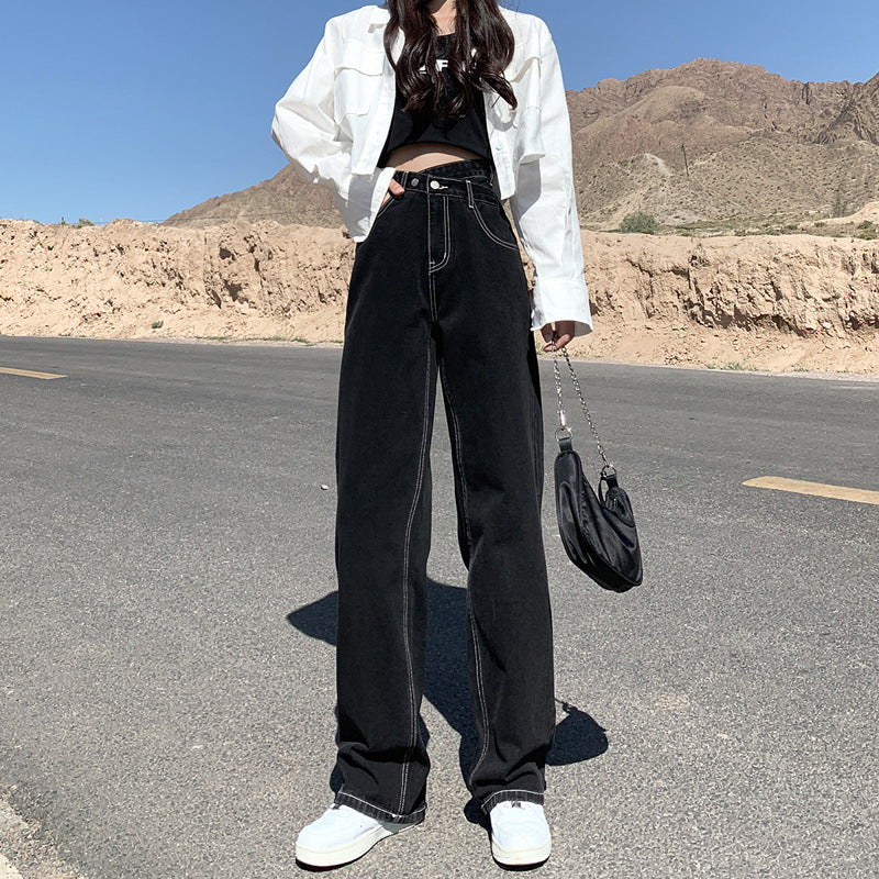 Aiertu casual fall outfits Black Jeans Women's Straight Loose Spring and Autumn Slimming Mop High Waist Wide Leg Pants aiertu