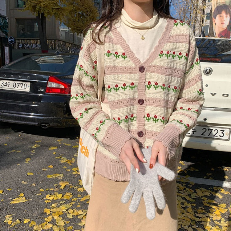 Aiertu teacher outfits Korean Style Retro Hollow Flower Jacquard Sweater Women's Knitted Cardigan New Autumn Knitted Long Sleeve Cardigan Coat Fashion aiertu