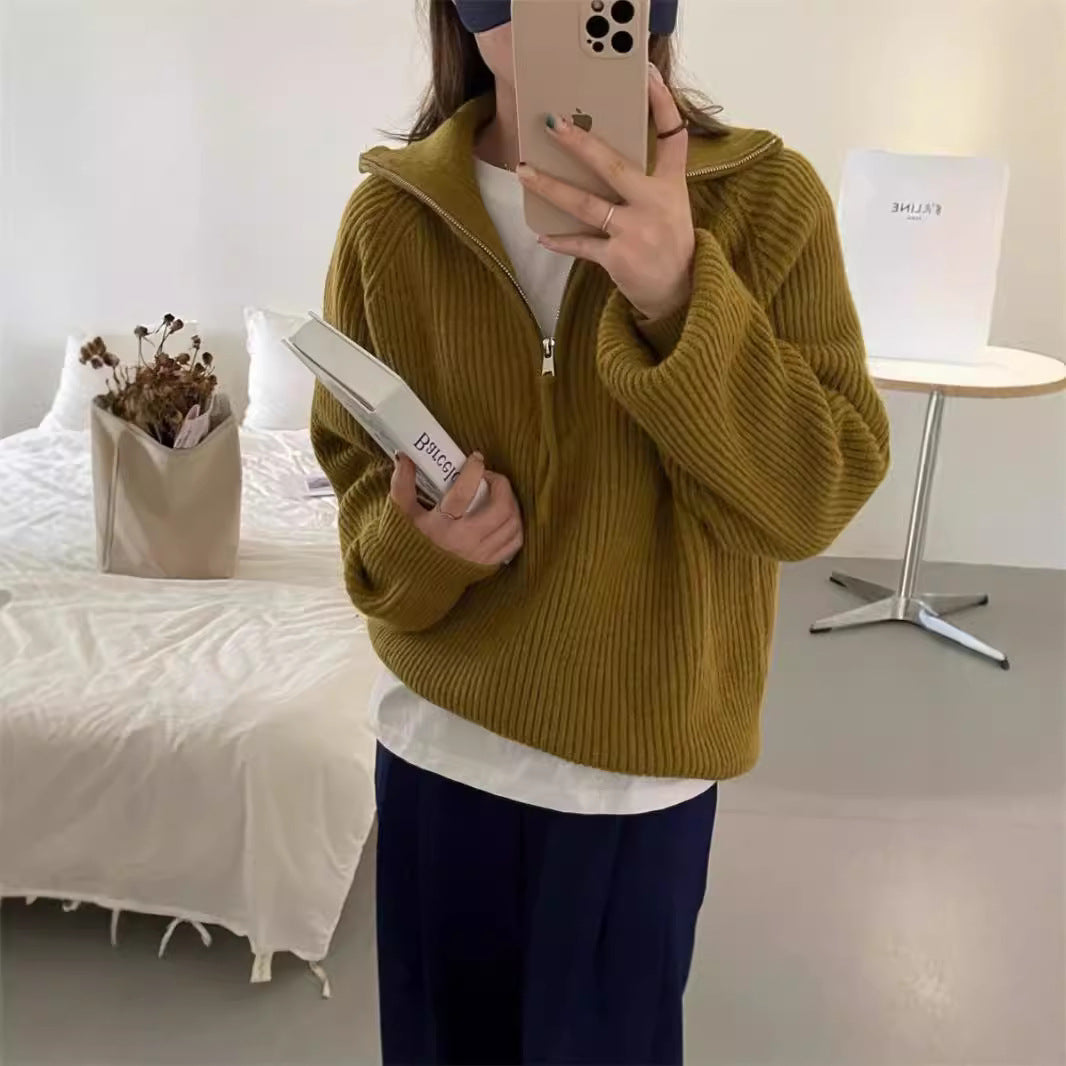 Aiertu clothes Korean Style Half Zipper Sweater Women's Autumn and Winter New Style Pit Design Sense Stand Collar Soft Glutinous Loose Outer Wear Sweater Top aiertu