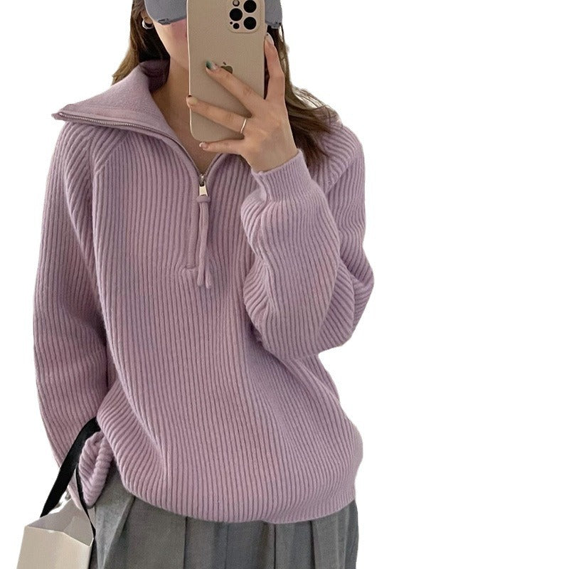 Aiertu clothes Korean Style Half Zipper Sweater Women's Autumn and Winter New Style Pit Design Sense Stand Collar Soft Glutinous Loose Outer Wear Sweater Top aiertu