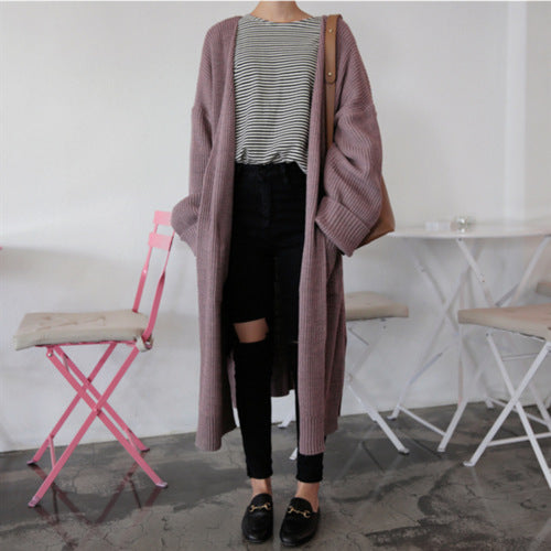 Aiertu fall outfits Retro Mid-Length Curling Solid Color Lazy Loose Knitted Long-Sleeved Sweater Coat for Women aiertu