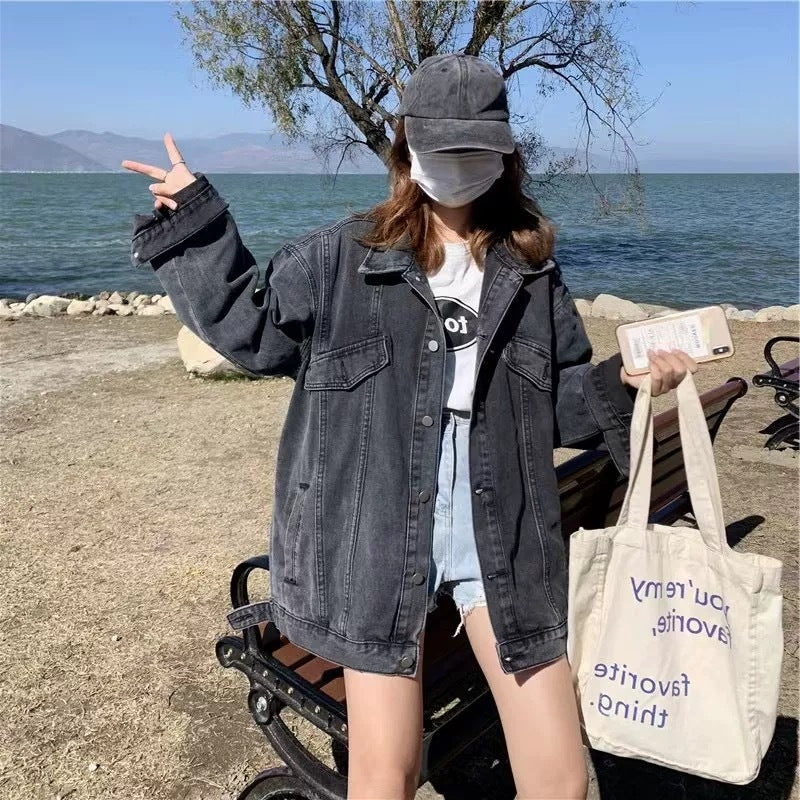 Aiertu joker costume female outfit Spring and Autumn Black Denim Jacket Top Women's Autumn Trendy Loose Korean Style Hong Kong Style Casual Fried Street Jacket aiertu