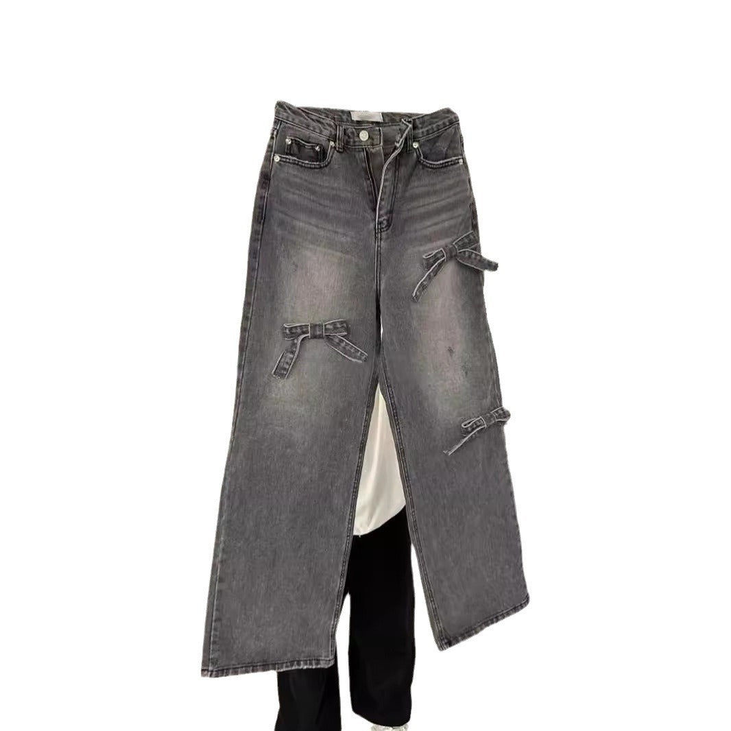 Aiertu y2k outfits Spring New Three-Dimensional Bow Worn Washed Loose Straight High Waist Jeans for Women aiertu