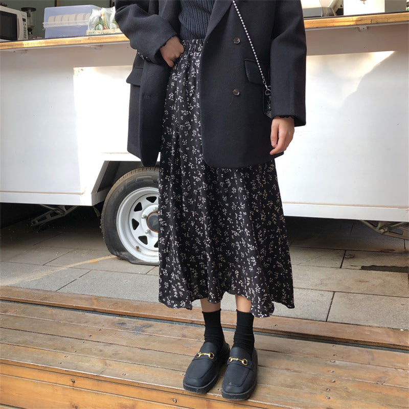 Aiertu midi skirt outfit fall French Retro Chiffon Floral Skirt Black Skirt Women's Spring and Summer Mid-Length Drape Slimming Long Skirt aiertu