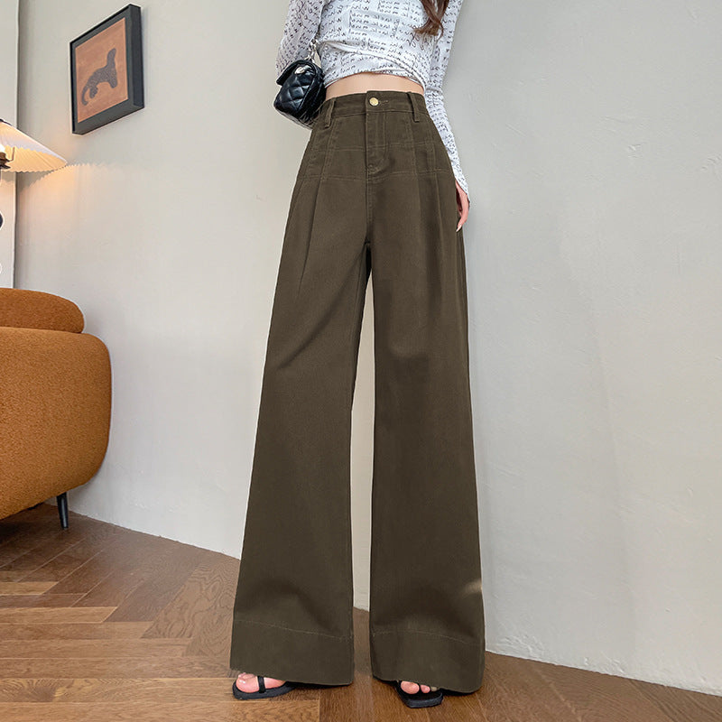 Aiertu fashion outfits Brown Denim Wide-Leg Pants Women's Wide-Leg Slimming Autumn and Winter High Waist Fleece-lined Draping Mop Long Pants aiertu