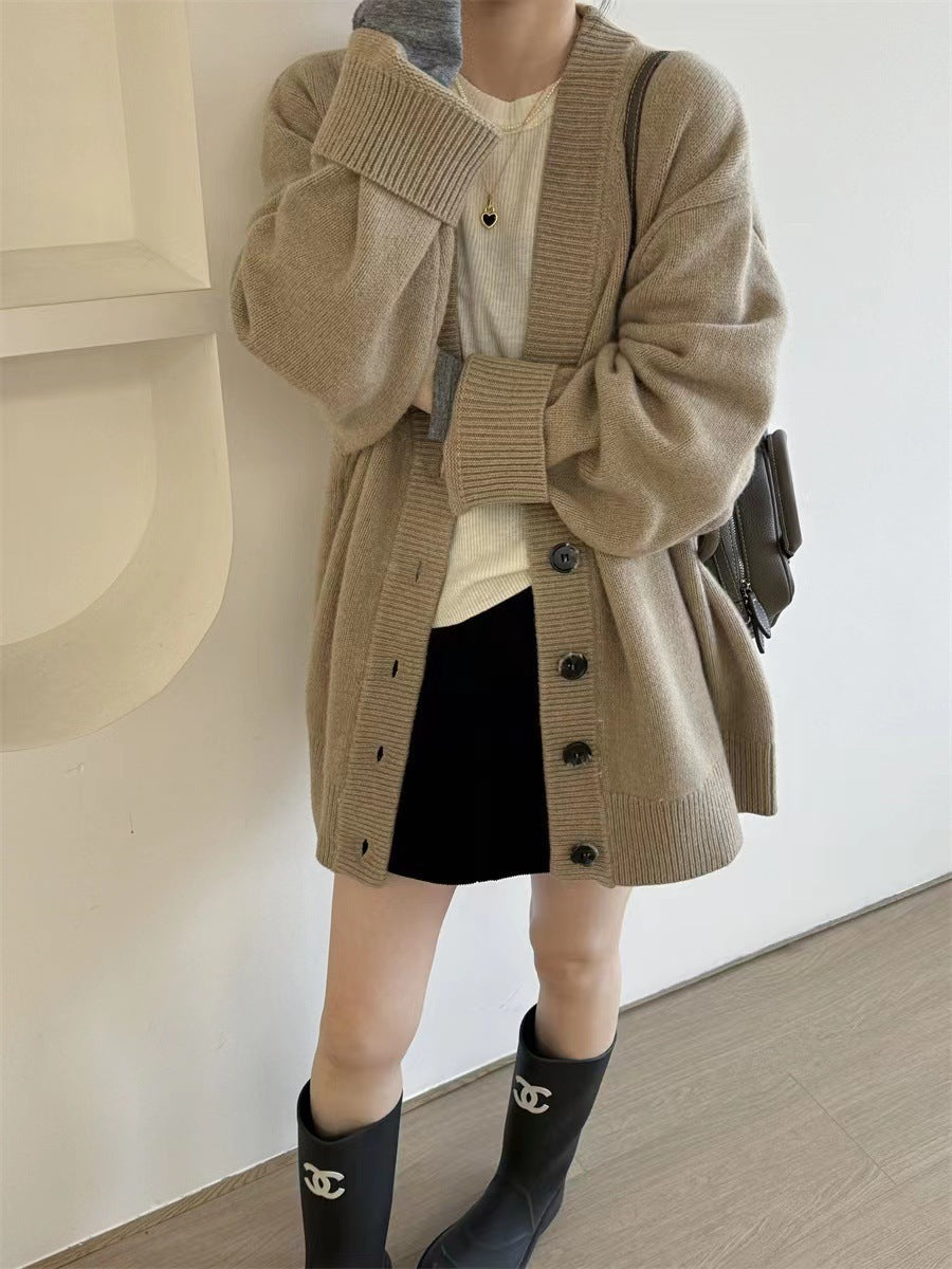 Aiertu joker costume female outfit Korean Style Loose Lazy Style Thickened Mid-Length Cashmere Cardigan Women's Autumn and Winter plus Size V-neck Pure Wool Knitted Coat aiertu