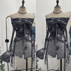 Aiertu trashy outfits Niche Vintage Green off-Shoulder Bell Sleeve Top Blooming Mesh Lace Drawstring Short T-shirt aiertu