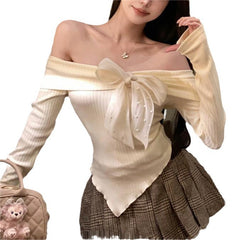 Aiertu outfit Spring off-Shoulder Big Bow off-Shoulder Long Sleeve T-shirt Women's Sweater Top Bottoming Sweater aiertu