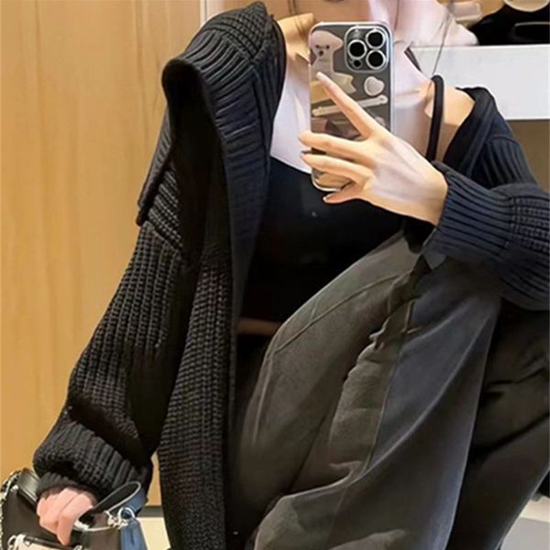 Aiertu grunge outfits New Black Turtleneck Sweater Coat Female Niche Early Autumn Lazy Wind Loose Outer Wear Knitted Cardigan aiertu