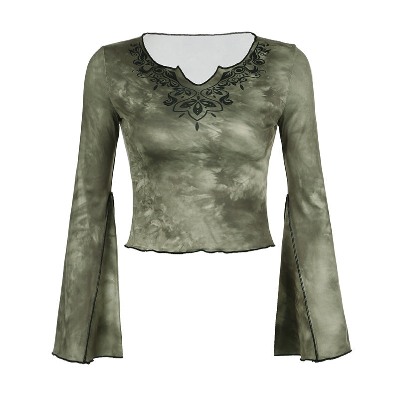 Aiertu concert outfit Mori Vintage Tie-Dyed Tribal Print Curling Bell Sleeve Short Top Niche V-neck Slim-Fit Navel Slimming Long Sleeve aiertu