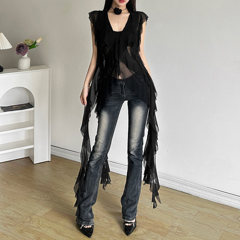 Aiertu concert outfit Style Summer New Women's Sexy Slimming Wavy Mesh Transparent Irregular Vest aiertu