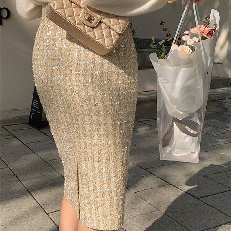 Aiertu fall outfits Skirt Autumn and Winter Women's Short Skirt Sequined Skirt Sequined Skirt Tweed One-Step Hip Skirt Mid-Length aiertu