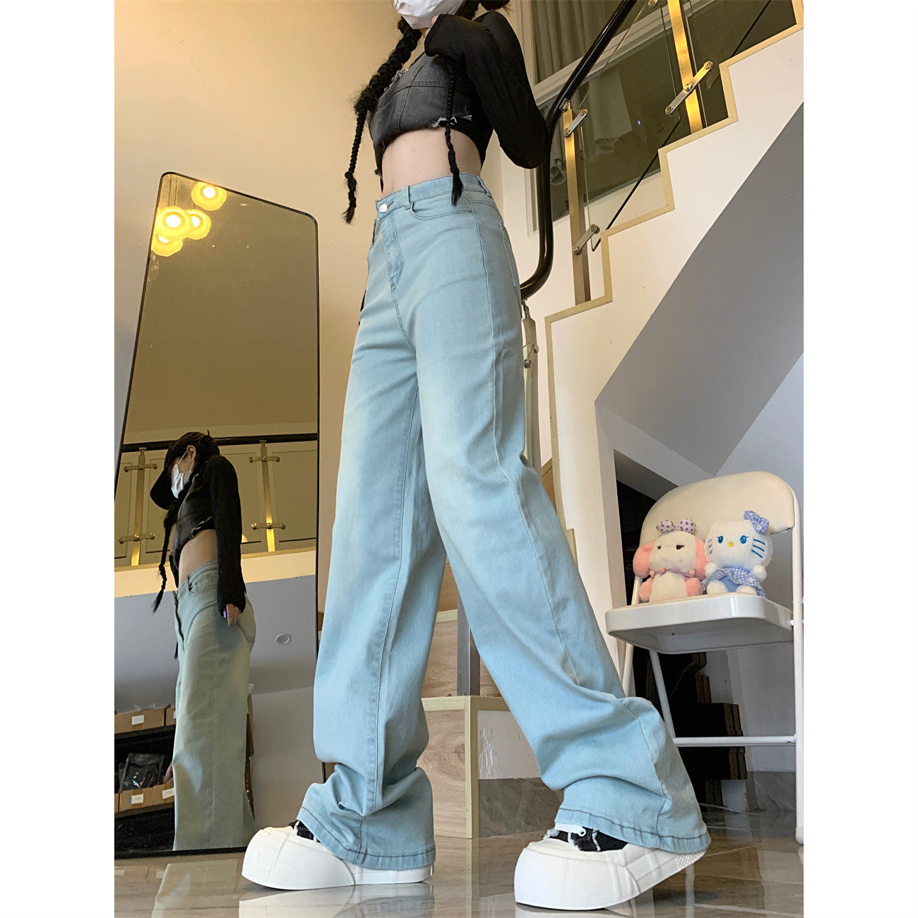 Aiertu Stretch High Street Nostalgic Light-Colored High Waist Jeans Women's Straight Mop Drape Small Narrow Wide Leg aiertu