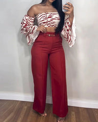 Aiertu style Women's Suit Autumn off-the-Shoulder Solid Color Trousers Two-Piece Set aiertu