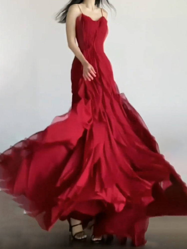 Aiertu - Sexy Mermaid Spaghetti Straps Red Chiffon Ruffles Birthday Dresses Long Prom Dress HOT1160 Aiertu