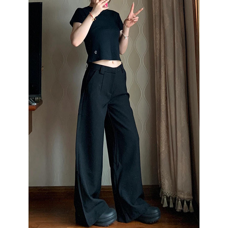 Aiertu fashion outfits Plus Size Black Straight Suit Wide-Leg Pants Women's Summer High Waist Draping Loose Slimming Casual Mopping Pants aiertu
