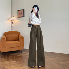 Aiertu fashion outfits Brown Denim Wide-Leg Pants Women's Wide-Leg Slimming Autumn and Winter High Waist Fleece-lined Draping Mop Long Pants aiertu