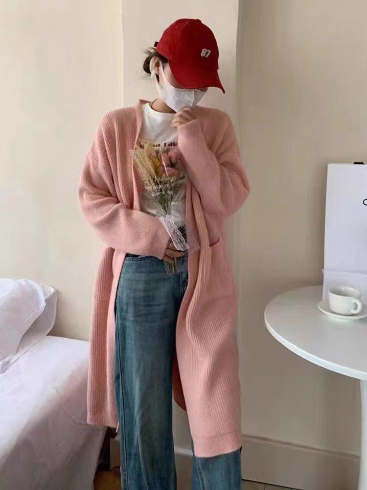 Aiertu fall outfits Solid Color Knitted Cardigan Women's Autumn and Winter Loose Temperament V-neck Lazy Style Mid-Length over-the-Knee Sweater Coat Fashion aiertu