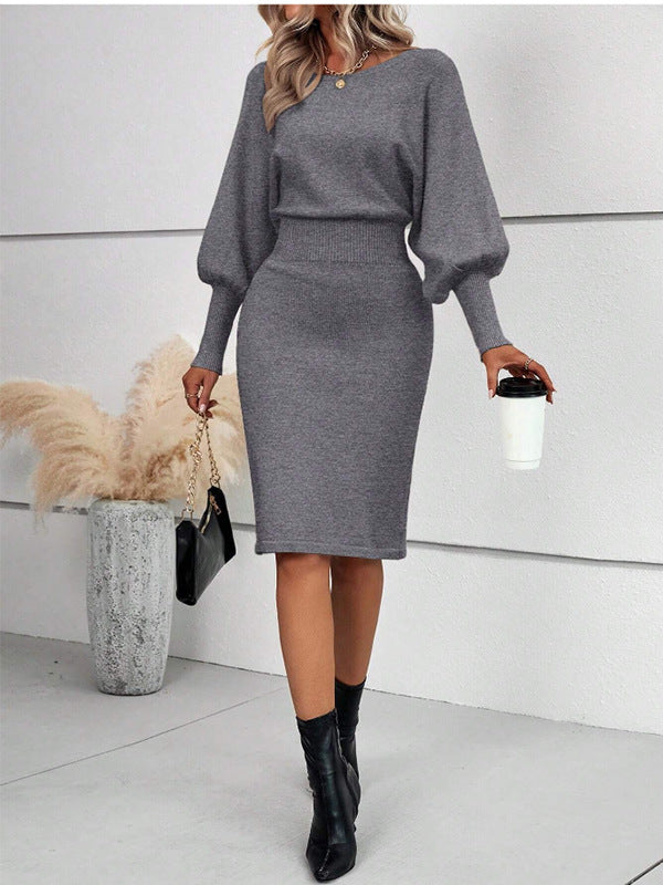 Aiertu black sweater dress outfit Women's Knitted Sweater Dress Elegant round Neck Long Sleeve Sexy Solid Color Waist Slimming Sheath Skirt aiertu
