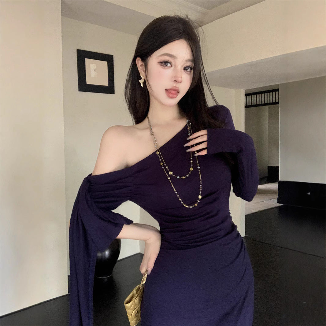 Aiertu fall outfits Wine Red Ribbon Shoulder Long Sleeve Dress Women's Autumn Slim Irregular Skirt Tight Waist Sheath Dress aiertu