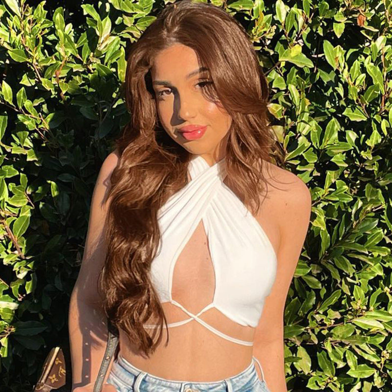 Aiertu curvy casual outfits INS Style Summer Women's Cross Halter Hollow Strap Navel T-shirt aiertu