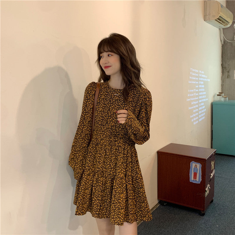 Aiertu outfits Autumn and Winter Women's Skirt Vintage Floral Long Sleeve Dress Elegant Waist Slimming Small Skirt aiertu