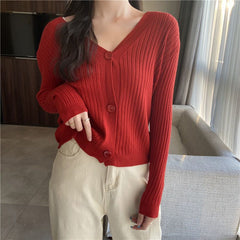 Aiertu curvy casual outfits Early Autumn Lazy Style Short Loose V-neck Sweater Coat Sweater Cardigan Women's Top aiertu