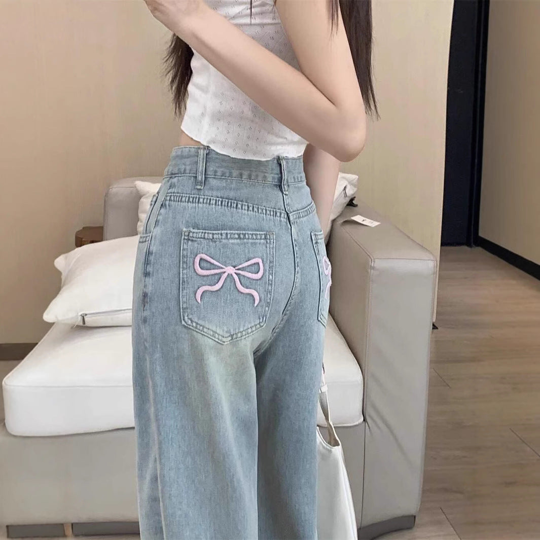 Aiertu fashion outfits Women's Embroidered High Waist Straight Jeans with Bowknot Autumn and Winter Loose Slimming Casual Wide Leg Mopping Pants aiertu