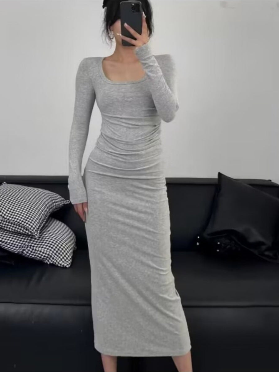 Aiertu fashion outfits Autumn and Winter Korean Style Square Collar Long Sleeve Solid Color Mid-Length Dress High Waist Slimming Hip Skirt aiertu