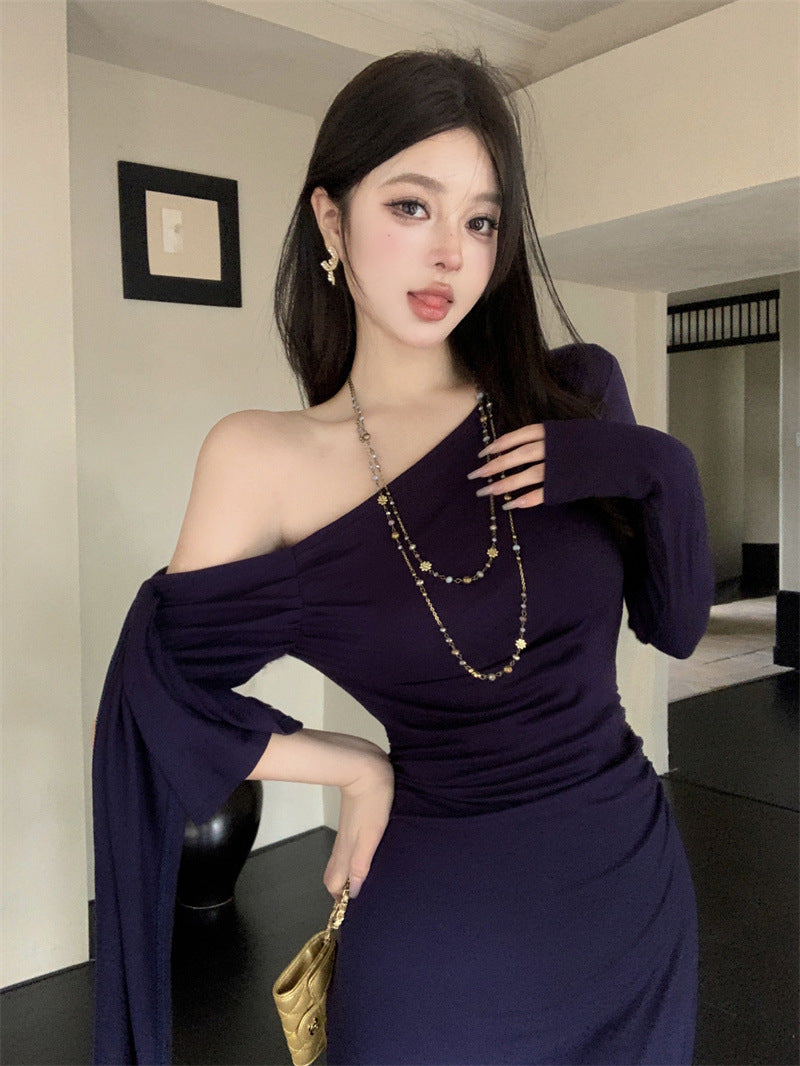 Aiertu fall outfits Wine Red Ribbon Shoulder Long Sleeve Dress Women's Autumn Slim Irregular Skirt Tight Waist Sheath Dress aiertu