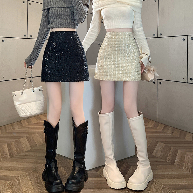 Aiertu fall outfits Skirt Skirt Shiny Skirt Woolen Sequined Skirt Tweed Hip Skirt aiertu
