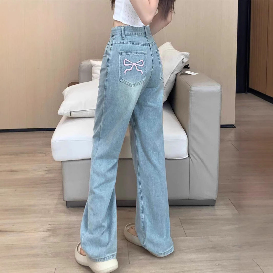 Aiertu fashion outfits Women's Embroidered High Waist Straight Jeans with Bowknot Autumn and Winter Loose Slimming Casual Wide Leg Mopping Pants aiertu