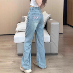 Aiertu fashion outfits Women's Embroidered High Waist Straight Jeans with Bowknot Autumn and Winter Loose Slimming Casual Wide Leg Mopping Pants aiertu