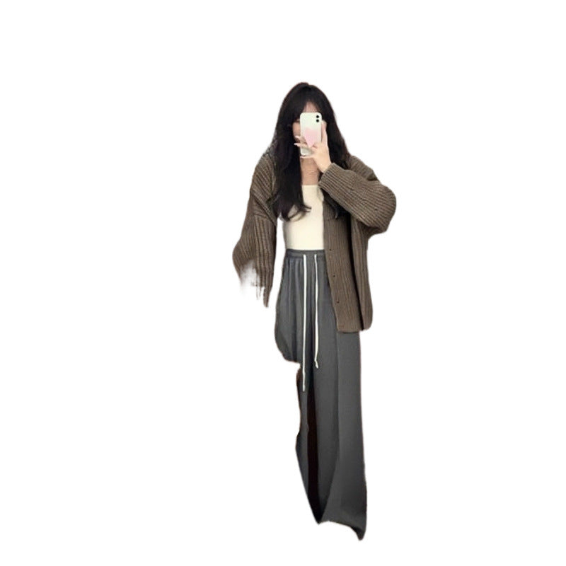 Aiertu fall outfits women Autumn and Winter Creamy-white Lazy Style Sweater Wide Leg Pants High-Grade Three-Piece Suit aiertu