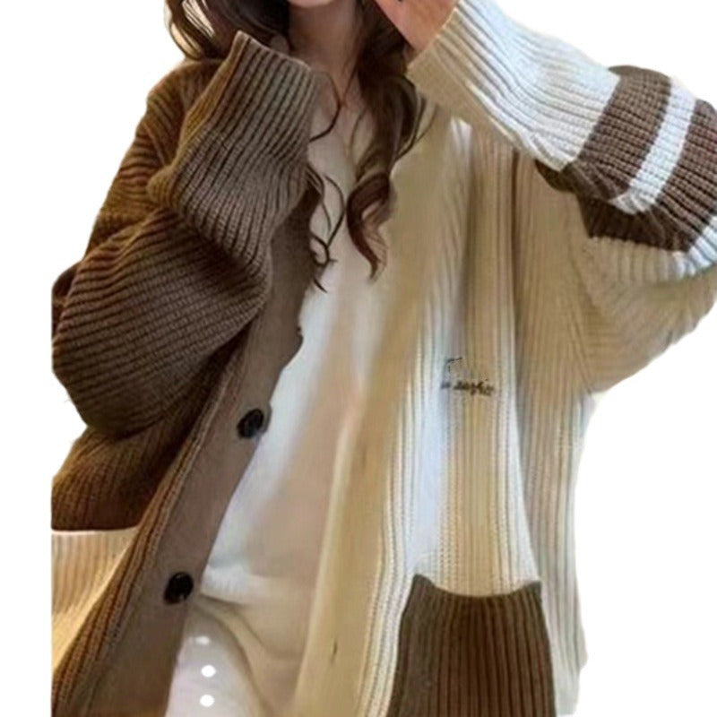 Aiertu cold weather outfits Contrast Color Stitching Knitted Cardigan 2024 Autumn and Winter Korean Style Large Loose Lazy Style Sweater Coat aiertu