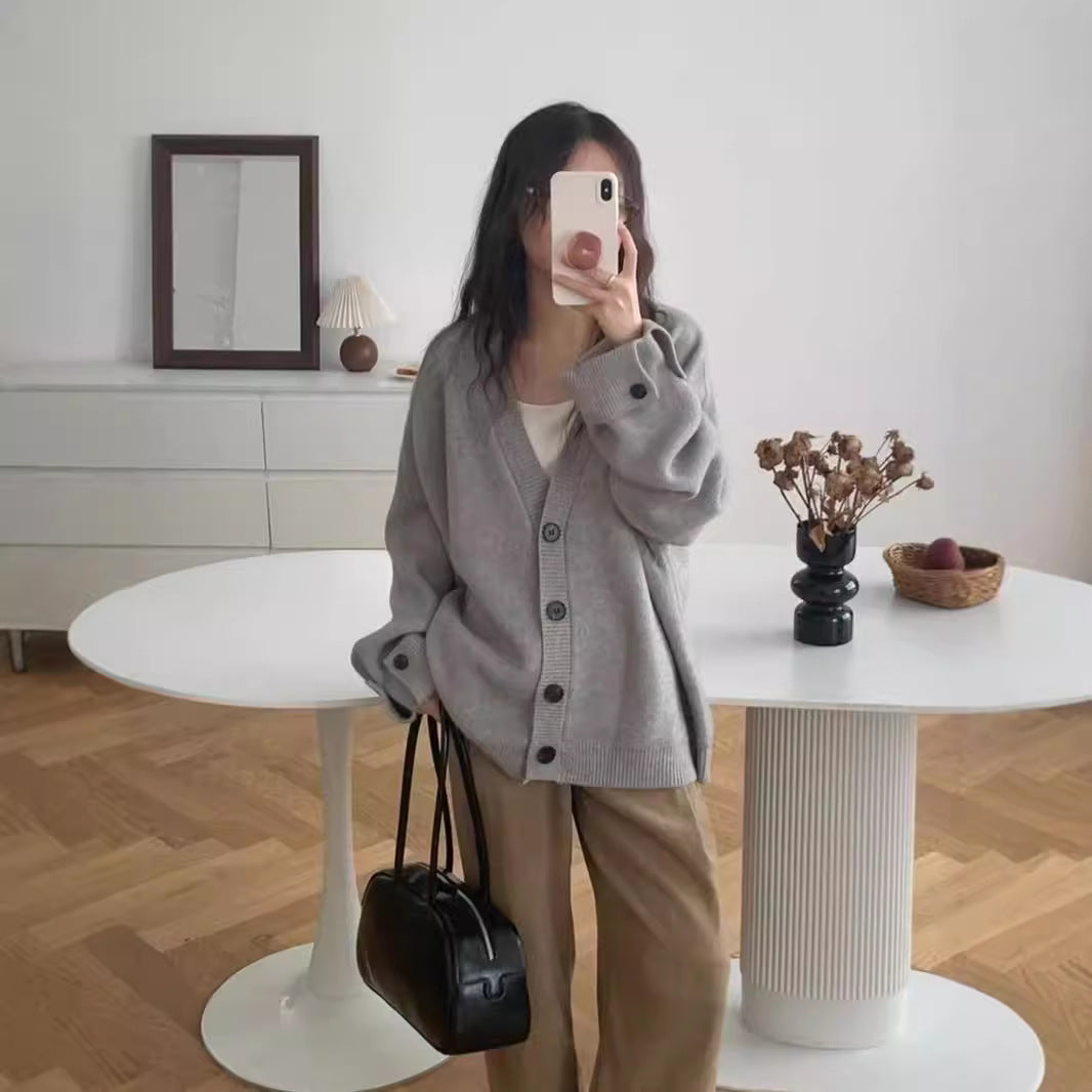 Aiertu joker costume female outfit Lazy Style V-neck Soft Glutinous Sweater Coat Women's Autumn and Winter Loose Large Casual Knitted Cardigan Top aiertu